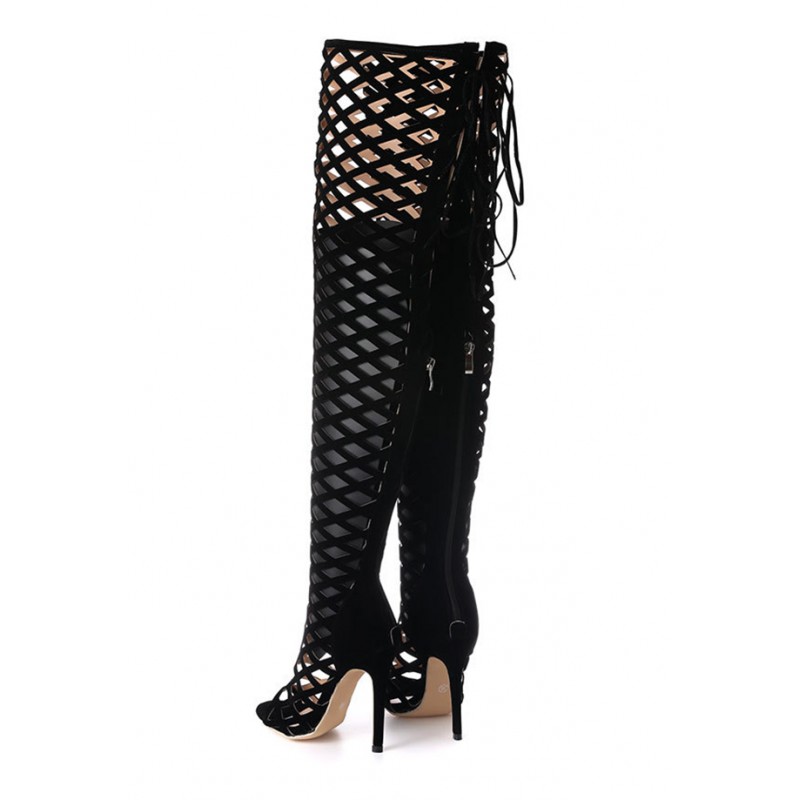 Details about   NEW Black Strappy High Heel Thigh High Boots Faux Leather Dancer Stilletos Shoes