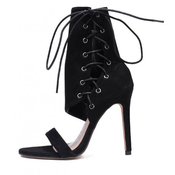 Black Suede Side Ankle Lace Up Booties Stiletto High Heels Sandals Shoes