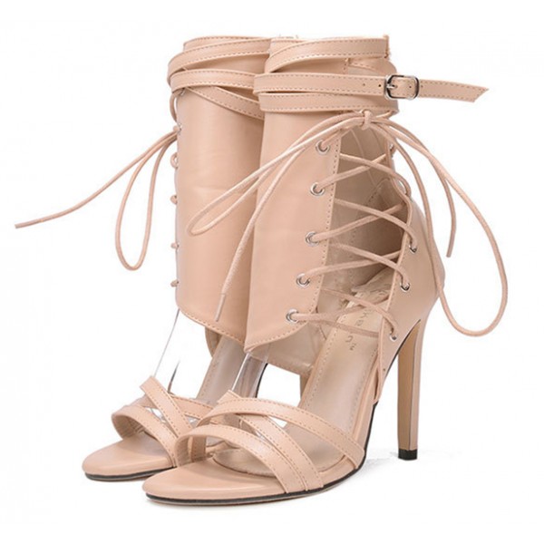 Khaki Side Ankle Lace Up Booties Stiletto High Heels Sandals Shoes