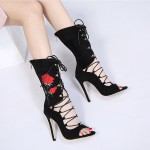 Black Suede Red Embroidered Rose Booties Stiletto High Heels Sandals Shoes