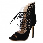 Black Suede Sexy Peep Toe Cut Out Stars Lace Up Stiletto High Heels Shoes