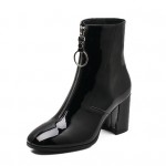 Black Patent Blunt Head Zipper Metal Ring Ankle High Heels Rider Boots Shoes