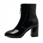 Black Patent Blunt Head Zipper Metal Ring Ankle High Heels Rider Boots Shoes