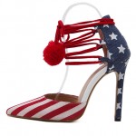 Red Blue USA Flags Point Head Ankle Pom Stiletto High Heels Shoes
