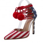 Red Blue USA Flags Point Head Ankle Pom Stiletto High Heels Shoes