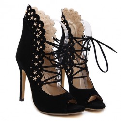 Black Suede Sexy Peep Toe Cut Out Stars Lace Up Stiletto High Heels Shoes