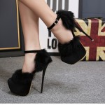 Black Suede Rabbit Fur Platforms Stiletto Super High Heels Shoes