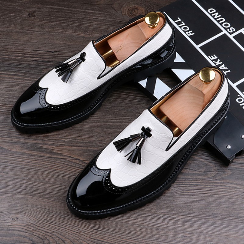 Black White Tassels Glossy Patent Leather Loafers Flats Dress Shoes