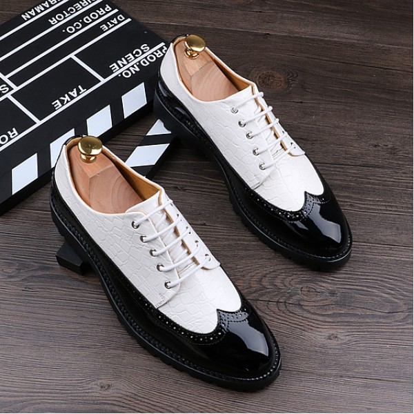 Black White Glossy Patent Leather Lace Up Oxfords Flats Dress Shoes