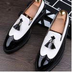 Black White Tassels Glossy Patent Leather Loafers Flats Dress Shoes