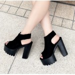 Black Punk Rock Gothic Peep Toe Sling Back Block High Heels Platforms Sandals Shoes