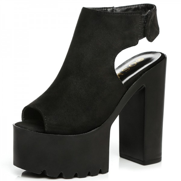 Black Punk Rock Gothic Peep Toe Sling Back Block High Heels Platforms Sandals Shoes