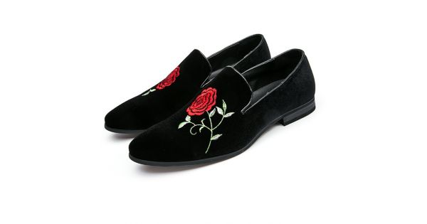 Black Velvet Embroidered Red Rose Mens Oxfords Loafers Dress