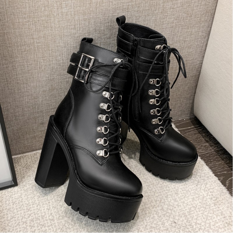 Black Lace Up High Top Platforms Punk Rock Chunky Heels Boots