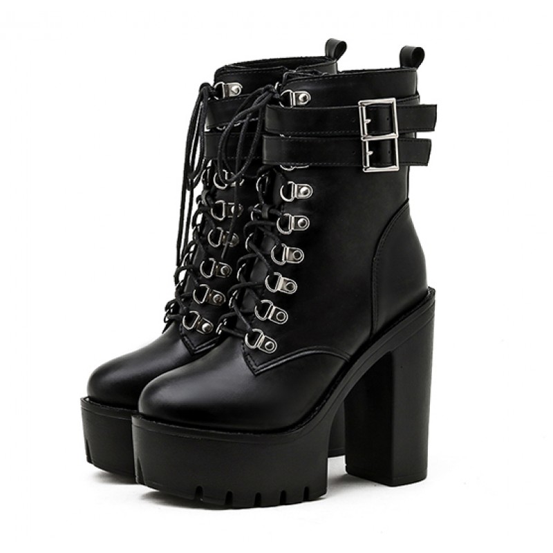 Black Buckle Lace Up Punk Rock Chunky Sole Block High Heels