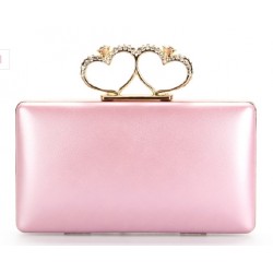 Pink Pearl Double Gold Heart Diamante Rings Evening Clutch Purse Jewelry Box