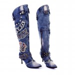 Blue Ripped Denim Jeans Studs Long Vintage Stiletto High Heels Boots Shoes