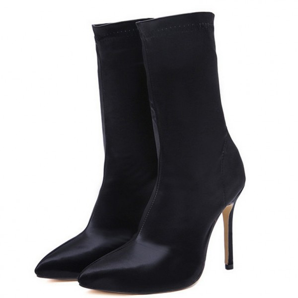 Black Stretchy Satin High Stiletto Heels Shoes Boots