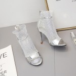 Silver Metallic Sexy Sheer Net Diamantes Gown High Stiletto Heels Shoes Sandals 