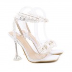 White Pearls Bow Bridal Sandals High Stiletto Heels Shoes