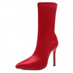 Red Stretchy Satin High Stiletto Heels Shoes Boots