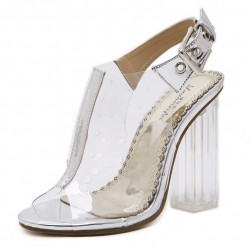 Silver Transparent Peep Toe Block High Heels Slingback Sandals Shoes 