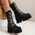 Black Buckles Studs Punk Rock Platforms Chunky Sole Mid Length Boots Shoes