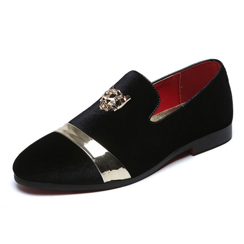 Black Velvet Gold Emblem Mens Oxfords Loafers Dress Shoes