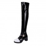 Black White Patent Glossy Flower Long Knee Long Thigh Boots Shoes