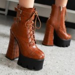 Brown Croc Lace Up Chunky Punk Rock Funky Block High Heels Boots Shoes