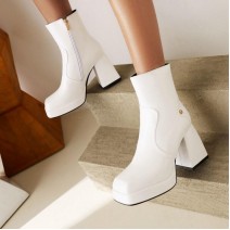 White Ankle Chunky Block High Heels Boots Shoes
