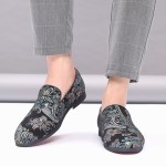 Black Satin Embroidered Paisleys Dapper Man Loafers Dress Shoes Flats