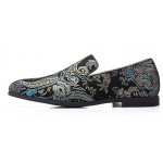 Black Satin Embroidered Paisleys Dapper Man Loafers Dress Shoes Flats