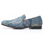 Blue Satin Embroidered Paisleys Dapper Man Loafers Dress Shoes Flats