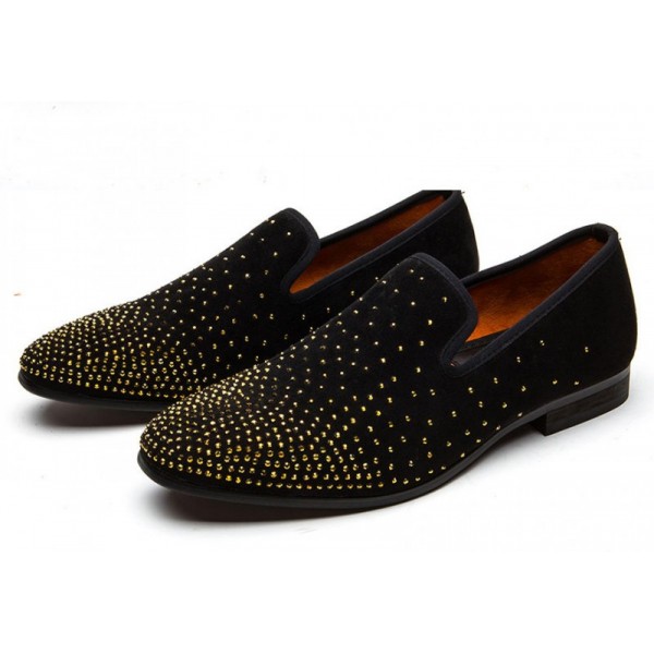 Black Gold Polkadots Glitters Velvet Loafers Flats Dress Shoes