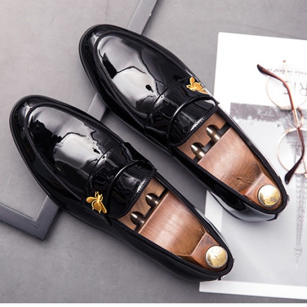 Black Patent Glossy Gold Bee Prom Party Loafers Flats Dress Shoes