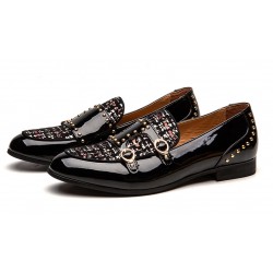 Black Patent Wool Studs Monk Straps Leather Loafers Flats Dress Shoes