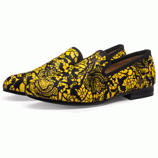 Yellow Black Lace Pony Fur Leather Loafers Flats Dress Shoes