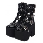 Black Patent Strappy Lolita Platforms Punk Rock Chunky Heels Boots Creepers Shoes