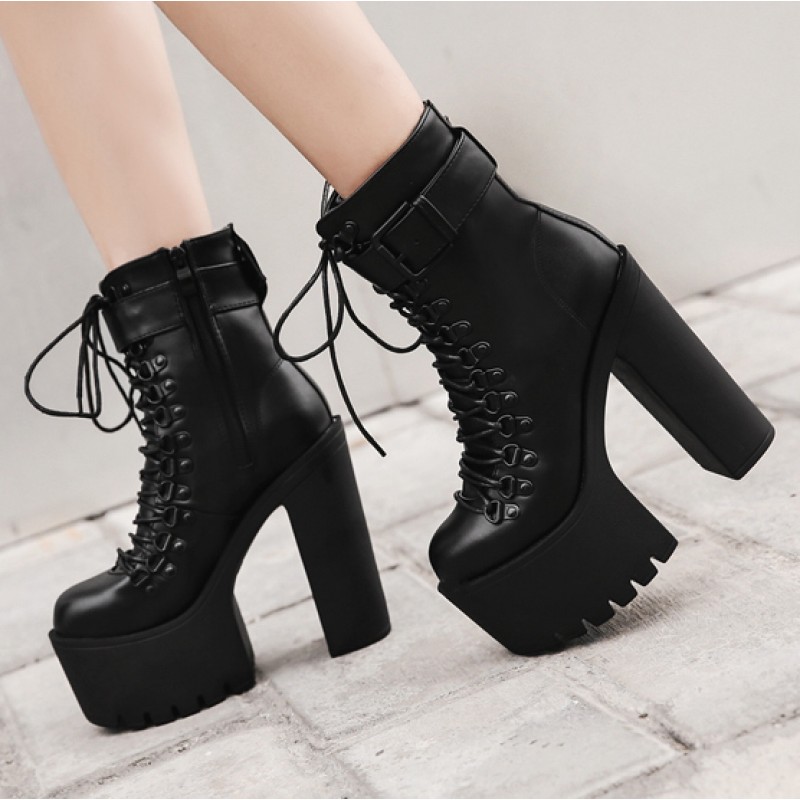 black chunky lace up heels