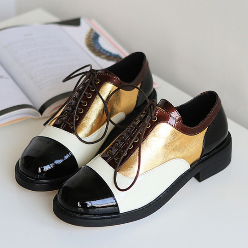 Liyu Adult Black Patent Gold Cap Toe Lace-Up Closure Oxford Shoes 6-11 Women