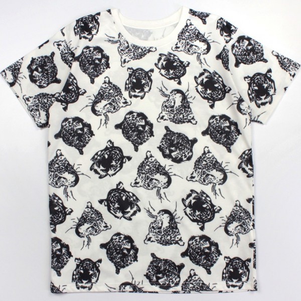 White Black Tiger Cheetah Print Round Neck Short Sleeves Funky Mens T-Shirt