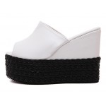 White Peeptoe Braided Straw Knitted Platforms Wedges Sandals Shoes