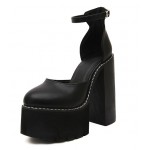 Black Chunky Cleated Platforms Thick Sole Block High Heels Shoes