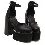 Black Chunky Cleated Platforms Thick Sole Block High Heels Shoes