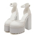 White Chunky Cleated Platforms Thick Sole Block High Heels Shoes