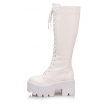 White Chunky Pleated Sole Block Heels Platforms Knee Lolita Boots Shoes