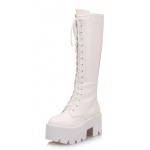 White Chunky Pleated Sole Block Heels Platforms Knee Lolita Boots Shoes
