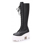 Black White Chunky Pleated Sole Block Heels Platforms Knee Lolita Boots Shoes