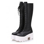 Black White Chunky Pleated Sole Block Heels Platforms Knee Lolita Boots Shoes